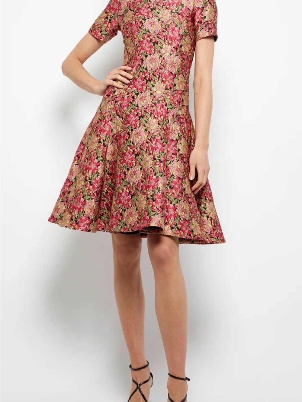 Prabal Gurung Pink and Green Floral Midi Fit-and-Flare Dress